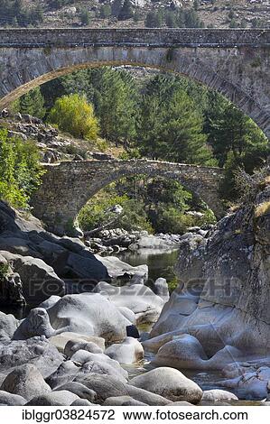 Stock Image - "Ponte Alto, Alto Bridge crossing the Golo River, Albertacce, Haute-Corse, Corsica, France, Europe". Fotosearch