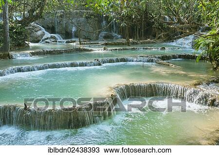 Stock Image - "Pool and waterfall in the Tat Kuang Si waterfall system near Luang Prabang in Laos, Southeast Asia". Fotosearch