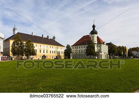 Stock Image - "Pope Benedict XVI House, New Treasury and Pilgrimage Museum, left, and Town Hall, Altotting, Upper Bavaria, Bavaria, Germany, Europe". Fotosearch