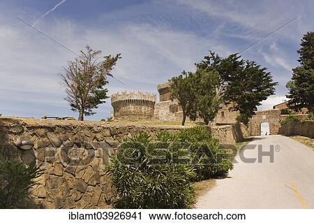 Stock Image - "Populonia Castle, 15th century, in the Gulf of Baratti, Etruscan archaeological site, Populonia, Province of Livorno, Tuscany, Italy, Europe". Fotosearch