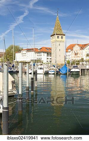 Stock Image - Port of Lindau on Lake Constance with Mangturm tower, Lindau, Bavaria, Germany, Europe, PublicGround, Europe. Fotosearch