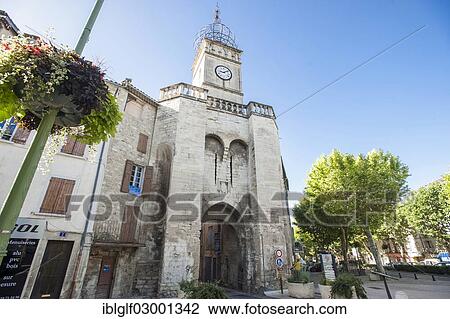 Stock Image - "Porte de Soubeyran, city gate in Manosque, Provence, Provence-Alpes-Cote, France, Europe, Manosque, Provence, Provence-Alpes-Cote d? ÇÖAzur, France, Europe". Fotosearch