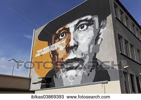 Stock Image - "Portrait of the artist Joseph Beuys on a house wall, Dusseldorf, North Rhine-Westphalia, Germany, Europe". Fotosearch