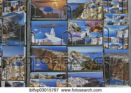Stock Photo - "Postcard on sale in a gift shop, Fira, Thira, Santorin, Cyclades, Greece, Europe". Fotosearch