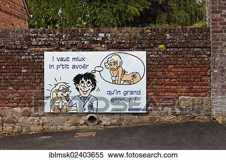 Stock Photography - "Poster campaign with the Picard dialect of Ch'tis, Olhain, Bruay-la-Buissiere, Via Francigena, Pas-de-Calais department, North Pas-de-Calais region, France, Europe". Fotosearch