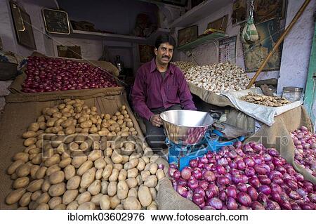Stock Photograph - "Potato and onion trader at his market stand, Jodhpur, Rajasthan, India, Asia". Fotosearch