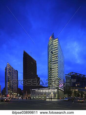 Stock Image - "Potsdamer Platz square with the skyscrapers Renzo Piano 11, Kollhoff Tower, Bahn Tower, Sony Center, railway station, from left to right, Berlin, Germany, Europe". Fotosearch