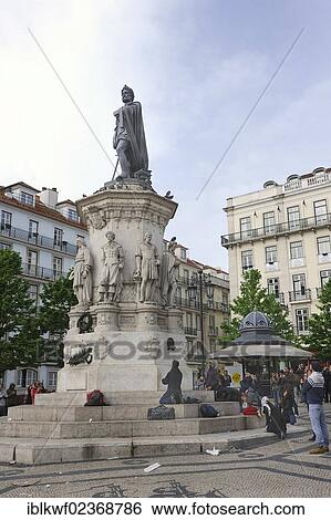 Stock Photograph - "Praca Luis de Camoes, with the statue of the poet Luis de Camoes, mosaic paving, Chiado district, Lisbon, Portugal, Europe". Fotosearch