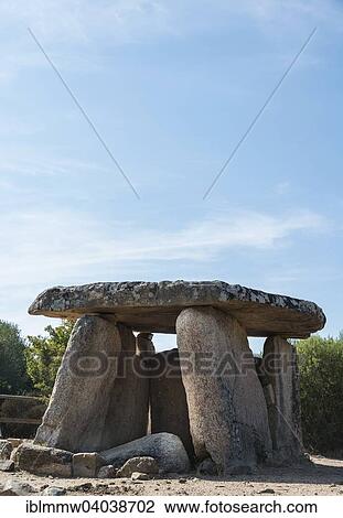 Stock Image - "Prehistoric remains of Cauria, stone dolmen grave Fontanaccia, archaeological site of the Neolithic period, Fontanaccia, France, Corsica, Europe". Fotosearch