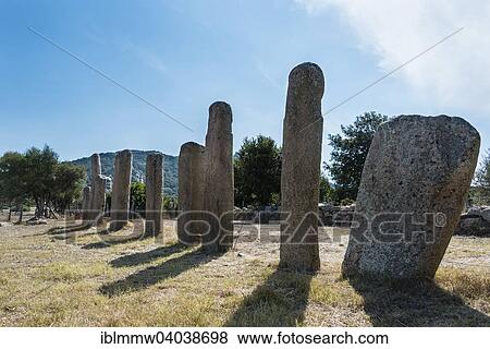 Stock Photo - "Prehistoric remains of Stantari, menhirs Alignment d 'Stantari, archaeological site of the Neolithic period, Cauria, France, Corsica, Europe". Fotosearch