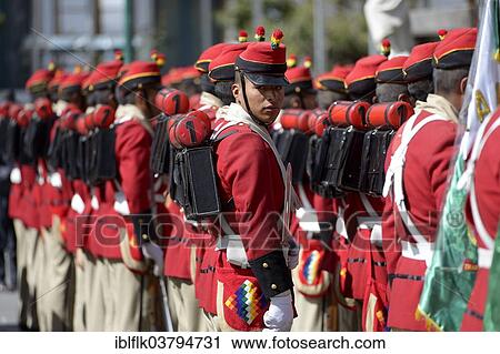 Stock Image - "Presidential Guard in historical uniform on Plaza Murillo square, La Paz, Bolivia, South America". Fotosearch