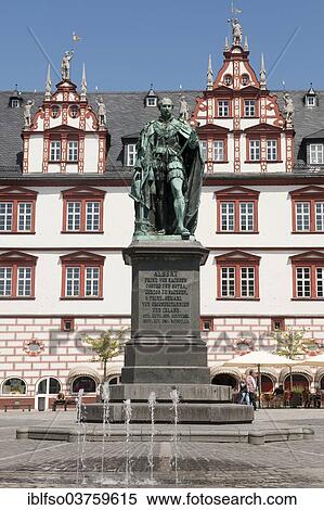 Stock Photography - "Prince Albert Memorial, memorial to Albert of Saxe-Coburg and Gotha, in front of the Coburg Stadthaus city hall, Coburg, Upper Franconia, Bavaria, Germany, Europe". Fotosearch