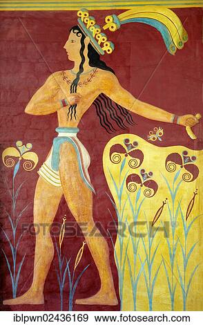 Stock Photo - "Prince of lilies"""" or """"Priest-king relief"""", plaster relief at the end of the Corridor of Processions, restored by Gillieron, Knossos, Minoan archaeological site, Crete, Greece, Europe". Fotosearch