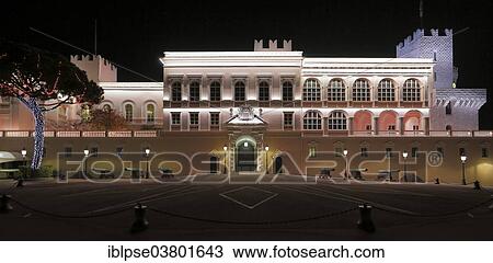 Stock Image - "Prince's Palace of Monaco at Christmas time in the evening, Principality of Monaco". Fotosearch