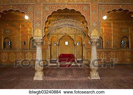 Picture - "Private audience hall, Anup Mahal, with a niche for the Maharaja to sit, City Palace of Bikaner, Junagarh Fort, Bundi, Rajasthan, India, Asia". Fotosearch