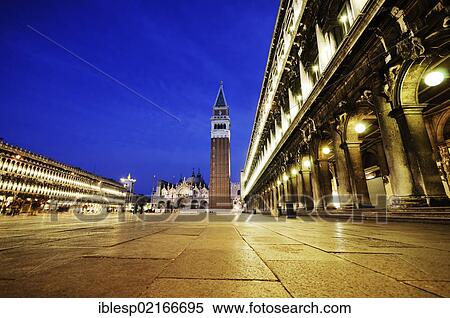 "Procuratie buildings and St. Mark's Campanile, Campanile San Marco, in St Mark's Square at night, San Marco quarter, Venice, UNESCO World Heritage Site, Veneto, Italy, Europe" View Large Photo Image Stock Photography - "Procuratie buildings and St. Mark's Campanile, Campanile San Marco, in St Mark's Square at night, San Marco quarter, Venice, UNESCO World Heritage Site, Veneto, Italy, Europe". Fotosearch