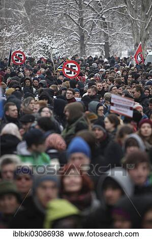 Stock Photo - "Protest against a neo-Nazi march, demonstration against right-wing extremism and historical revisionism, Dresden, Dresden, Saxony, Germany, Europe". Fotosearch