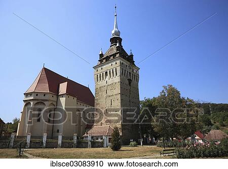 Stock Image - "Protestant Church built in the Gothic style from 1496, Saschiz, deutsch Keisd, Siebenburgen, Romania, Europe". Fotosearch