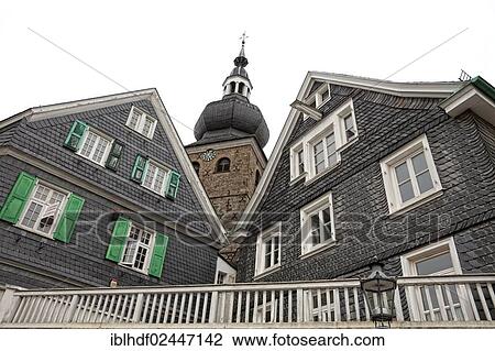 "Protestant parish church with houses with slate fronts in the historic town centre of Lennep, Remscheid, Bergisches Land region, North Rhine-Westphalia, Germany, Europe" View Large Photo Image Stock Image - "Protestant parish church with houses with slate fronts in the historic town centre of Lennep, Remscheid, Bergisches Land region, North Rhine-Westphalia, Germany, Europe". Fotosearch