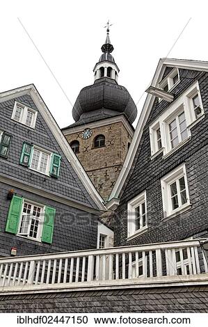 "Protestant parish church with houses with slate fronts in the historic town centre of Lennep, Remscheid, Bergisches Land region, North Rhine-Westphalia, Germany, Europe" View Large Photo Image Stock Image - "Protestant parish church with houses with slate fronts in the historic town centre of Lennep, Remscheid, Bergisches Land region, North Rhine-Westphalia, Germany, Europe". Fotosearch