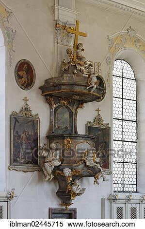 Stock Photography - "Pulpit, Parish Church of St. Michael, Sonthofen, Oberallgaeu, Allgaeu, Swabia, Bavaria, Germany, Europe". Fotosearch