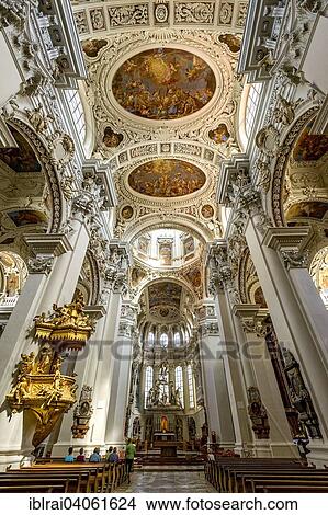 "Pulpit, stucco and frescoes in the nave, baroque St. Stephen's Cathedral, Passau, Lower Bavaria, Bavaria, Germany, Europe" View Large Photo Image Picture - "Pulpit, stucco and frescoes in the nave, baroque St. Stephen's Cathedral, Passau, Lower Bavaria, Bavaria, Germany, Europe". Fotosearch