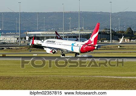 Stock Photography - "Qantas Boeing 737-800 aircraft landing at Perth Airport, Perth, Western Australia, Australia, Oceania". Fotosearch