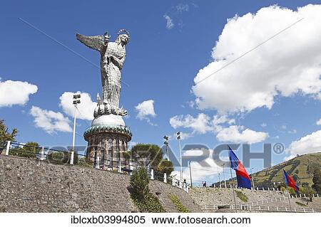 Stock Photography - "Quito flags at the statue of the Virgin of Quito, El Panecillo Hill, Quito, Pichincha Province, Ecuador, South America". Fotosearch