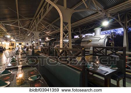 Stock Photo - "Railroad restaurant in the old station, Skukuza, Mpumalanga, South Africa, Africa". Fotosearch