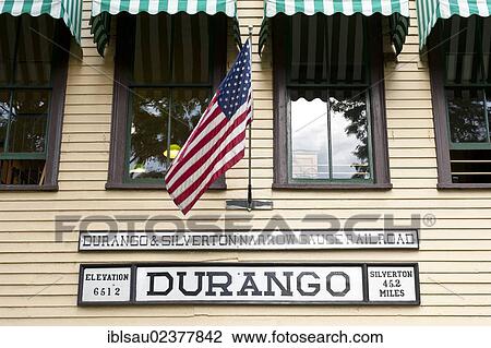 "Railway station sign with the American national flag, heritage railway, Durango and Silverton Narrow Gauge Railroad, narrow gauge, Durango, Colorado, Western United States, United States of America, North America" View Large Photo Image Stock Image - "Railway station sign with the American national flag, heritage railway, Durango and Silverton Narrow Gauge Railroad, narrow gauge, Durango, Colorado, Western United States, United States of America, North America". Fotosearch