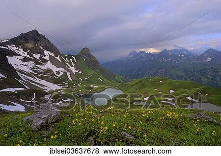 Stock Photo - "Rappensee Lake with an alpine meadow and a panoramic view of the mountains, Oberstdorf, Oberallgau, Allgau, Swabia, Bavaria, Germany, Europe". Fotosearch