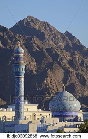 "Rasool Azam Mosque in front of the rocky mountains that surround the city at back, Muttrah, Muscat Governorate (Capital Area, Oman, Asia" View Large Photo Image Stock Photo - "Rasool Azam Mosque in front of the rocky mountains that surround the city at back, Muttrah, Muscat Governorate (Capital Area, Oman, Asia". Fotosearch