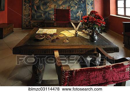 Stock Photo - "Reception room, late 16th century, Dutch table with spices, the commodities of the time, in front of a Dutch tapestry from 1570 from Tournai, in Tucher Mansion, Hirschelgasse 9-11, Nuremberg, Middle Franconia, Bavaria, Germany, Europe". Fotosearch
