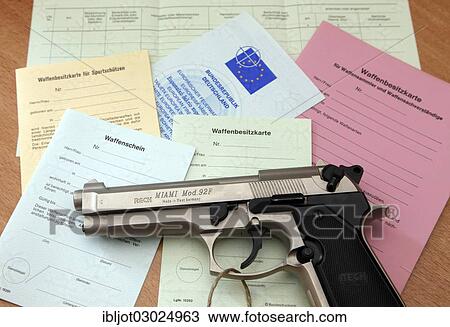 "Reck Miami 92 F"""" alarm pistol, with different types of firearms licenses and gun ownership certificates, Germany, Europe" View Large Photo Image Stock Image - "Reck Miami 92 F"""" alarm pistol, with different types of firearms licenses and gun ownership certificates, Germany, Europe". Fotosearch