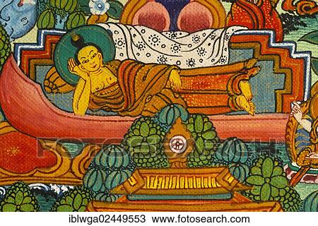 Stock Image - "Reclining, resting Buddha during the transition to nirvana, representation on a thangka, scroll painting of Tantric Buddhism, meditation, mandala". Fotosearch