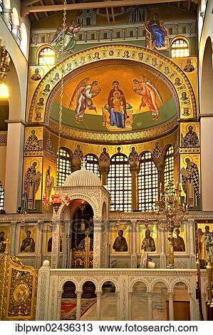 Stock Image - "Reconstructed Byzantine style frescos of the 4th century AD, 3-aisled Romanesque basilica of Saint Demetrius, or Hagios Demetrios, a Palaeochristian and Byzantine Monument of Thessaloniki, UNESCO World Heritage Site, Greece, Europe". Fotosearch