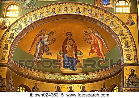 Stock Photography - "Reconstructed Byzantine style frescos of the 4th century AD, 3-aisled Romanesque basilica of Saint Demetrius, or Hagios Demetrios, a Palaeochristian and Byzantine Monument of Thessaloniki, UNESCO World Heritage Site, Greece, Europe". Fotosearch
