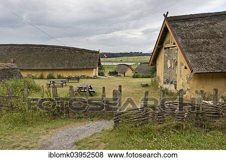 Stock Photo - "Reconstructed farm with nine houses of a large-scale farmer from the Viking Age, Viking Center Fyrkat, Fyrkat, Hobro, Denmark, Europe". Fotosearch