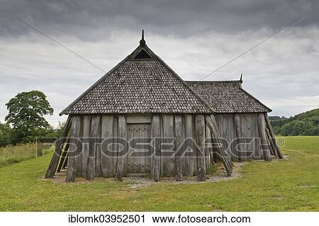 Stock Image - "Reconstructed Viking house, Viking Center Fyrkat, Fyrkat, Hobro, Denmark, Europe". Fotosearch