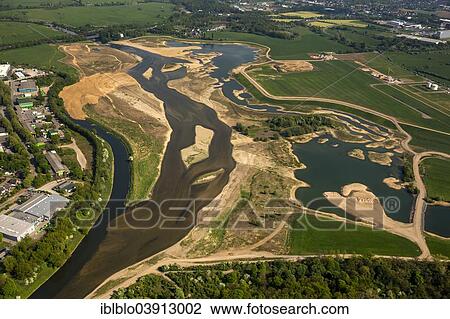 Stock Image - "Reconstruction of the mouth of the Lippe River by the Lippeverband water management association, Rhine River estuary, aerial photo, Wesel, Ruhr district, North Rhine-Westphalia, Germany, Europe". Fotosearch