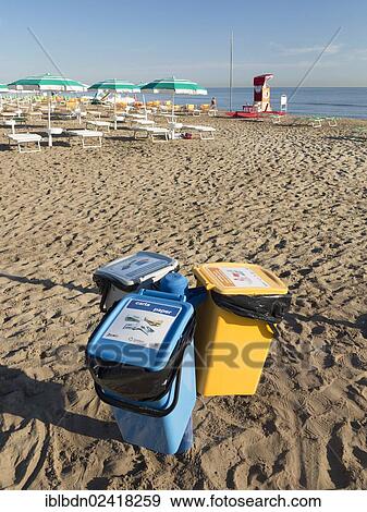 Recycling bins on a beach in Riccione, Italy, Europe View Large Photo Image Stock Photo - Recycling bins on a beach in Riccione, Italy, Europe. Fotosearch