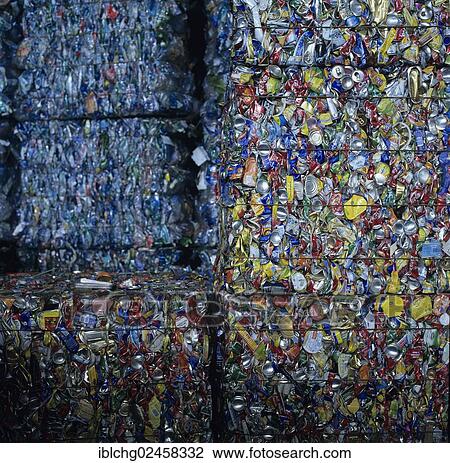 Stock Image - "Recycling can centre, crushed food cans, sorting centre, France, Europe". Fotosearch
