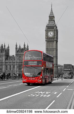 Stock Photo - "Red double-decker bus on Westminster Bridge with Big Ben or Elizabeth Tower, Palace of Westminster or Houses of Parliament, Unesco World Heritage Site, London, England, United Kingdom, Europe". Fotosearch