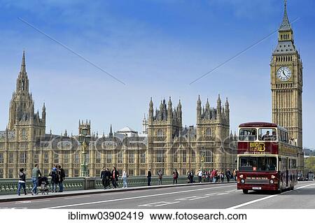 Stock Photo - "Red double-decker sightseeing bus travelling on Westminster Bridge with Big Ben or Elizabeth Tower, the Palace of Westminster or Houses of Parliament, Unesco World Heritage Site, London, England, United Kingdom, Europe". Fotosearch