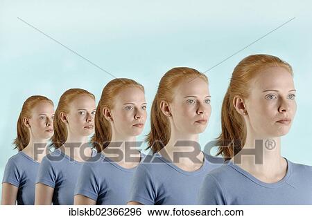 Stock Photograph - "Red-haired young woman, repeatedly cloned". Fotosearch