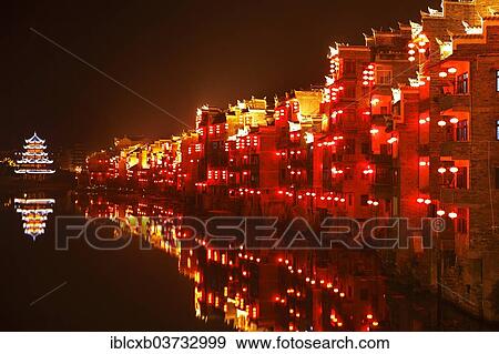"Red illuminated houses on the Wuyang River at night, historic center, Zhenyuan, Guizhou, China, People's Republic of China, Asia" View Large Photo Image Stock Photo - "Red illuminated houses on the Wuyang River at night, historic center, Zhenyuan, Guizhou, China, People's Republic of China, Asia". Fotosearch