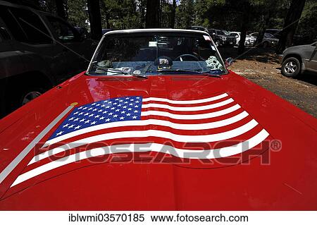 Stock Photography - "Red Plymouth Fury 67 with the U. S. -American flag painted on the hood, vintage car, Grand Canyon Village, Arizona, United States, North America". Fotosearch