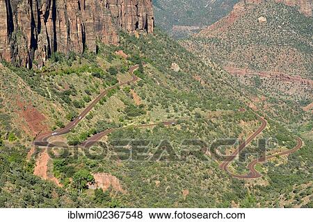 Stock Photo - "Red Road Zion Park Boulevard - Mount Carmel U. S. Highway 9 to the Canyon Overlook lookout point, Trailhead, Zion and Pine Creek Canyon, Zion National Park, Utah, United States of America, USA". Fotosearch