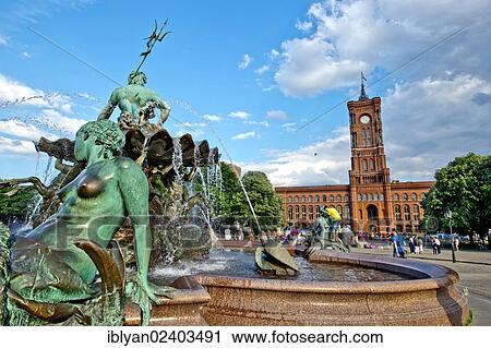 "Red Town Hall and Neptune Fountain in Berlin, Germany, Europe" View Large Photo Image Stock Image - "Red Town Hall and Neptune Fountain in Berlin, Germany, Europe". Fotosearch