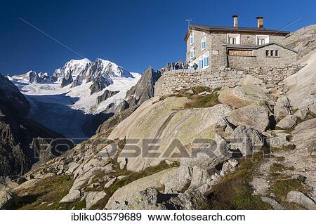 Stock Photo - "Refuge du Couvercle, Mont Blanc at back, Mont Blanc massif, near Chamonix-Mont-Blanc, Haute-Savoie department, Rhone-Alpes region, France, Europe". Fotosearch